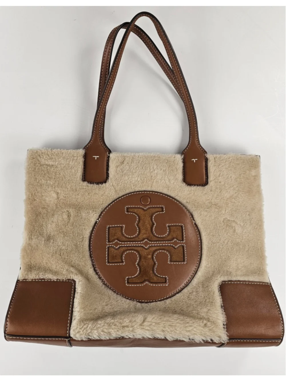 Tory Burch Rory Shearling Leather Tote Bag Cream Brown Large Double T Logo
